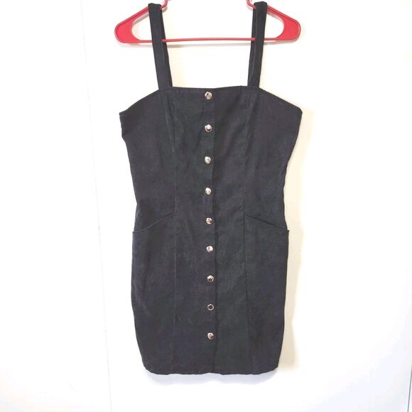 Dresses & Skirts - Black Corduroy Button Front Mini Dress Pinafore Style Pockets Size M